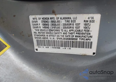 2006 Honda Odyssey Ex z USA, uszkodzony, nr VIN 5FNRL38426B098532